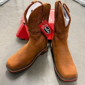 Justin Mens Work Boots‎ Brown Leather Square Toe Comp Toe Waterproof Size 11